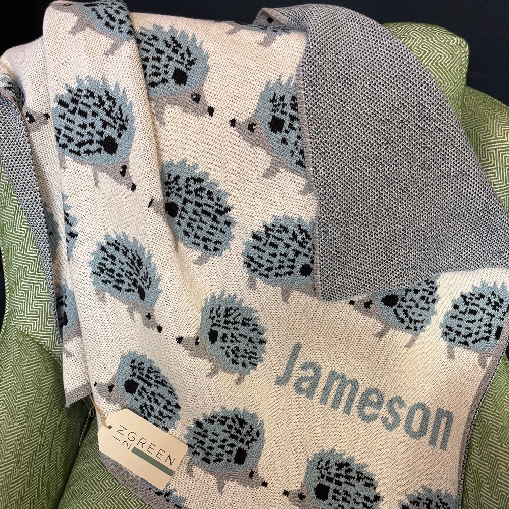 In2Green Custom 'Jameson' Baby Sustainable Knit Throw Blanket - Blue Hedgehog
